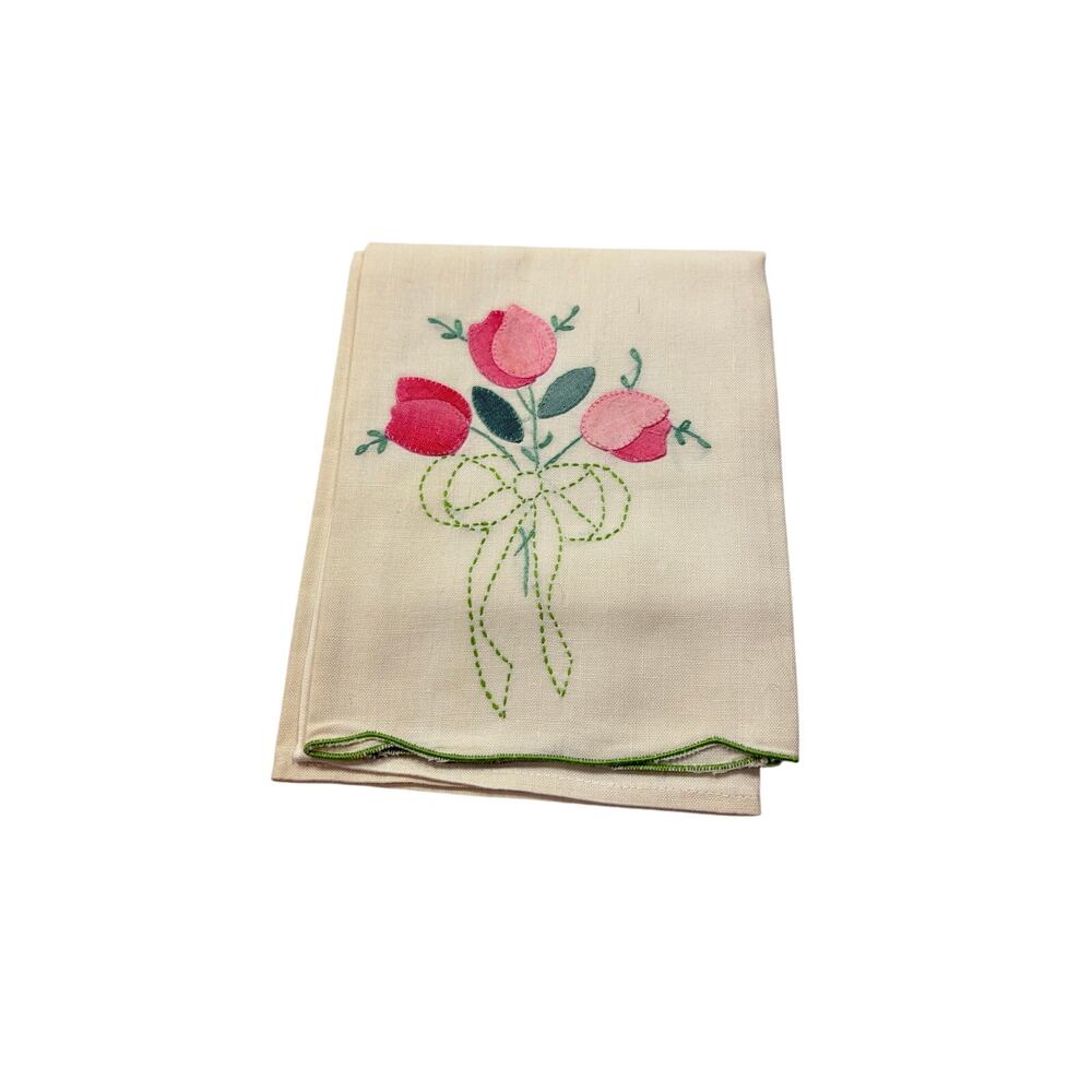 VTG cream pink tulip applique handkerchief. 22.5 x 14. age discoloration vintage